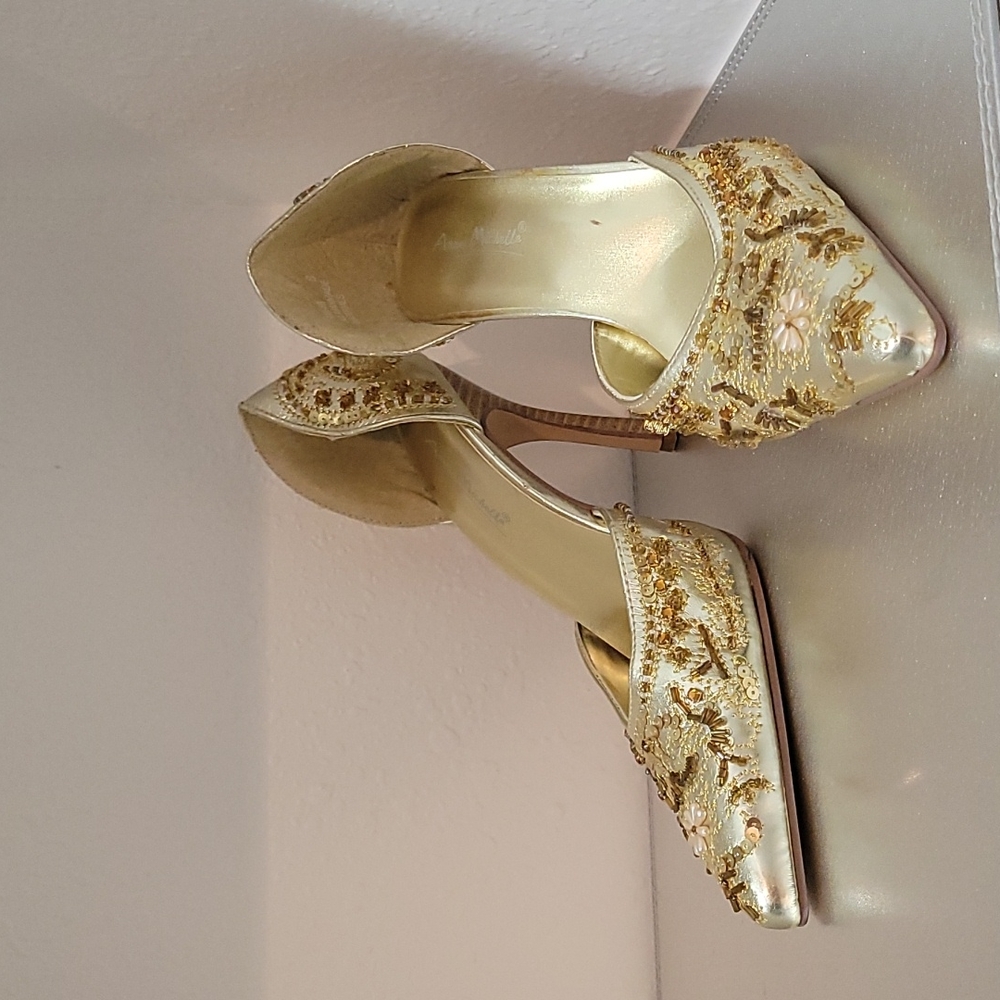 Anne Michelle Metallic Gold Sequin & Beaded Pointed Toe Heels